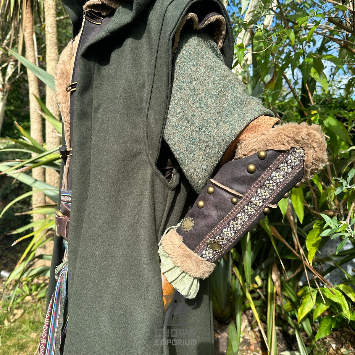 Forest Ranger LARP costume side view with green robe and detailed vambrace.