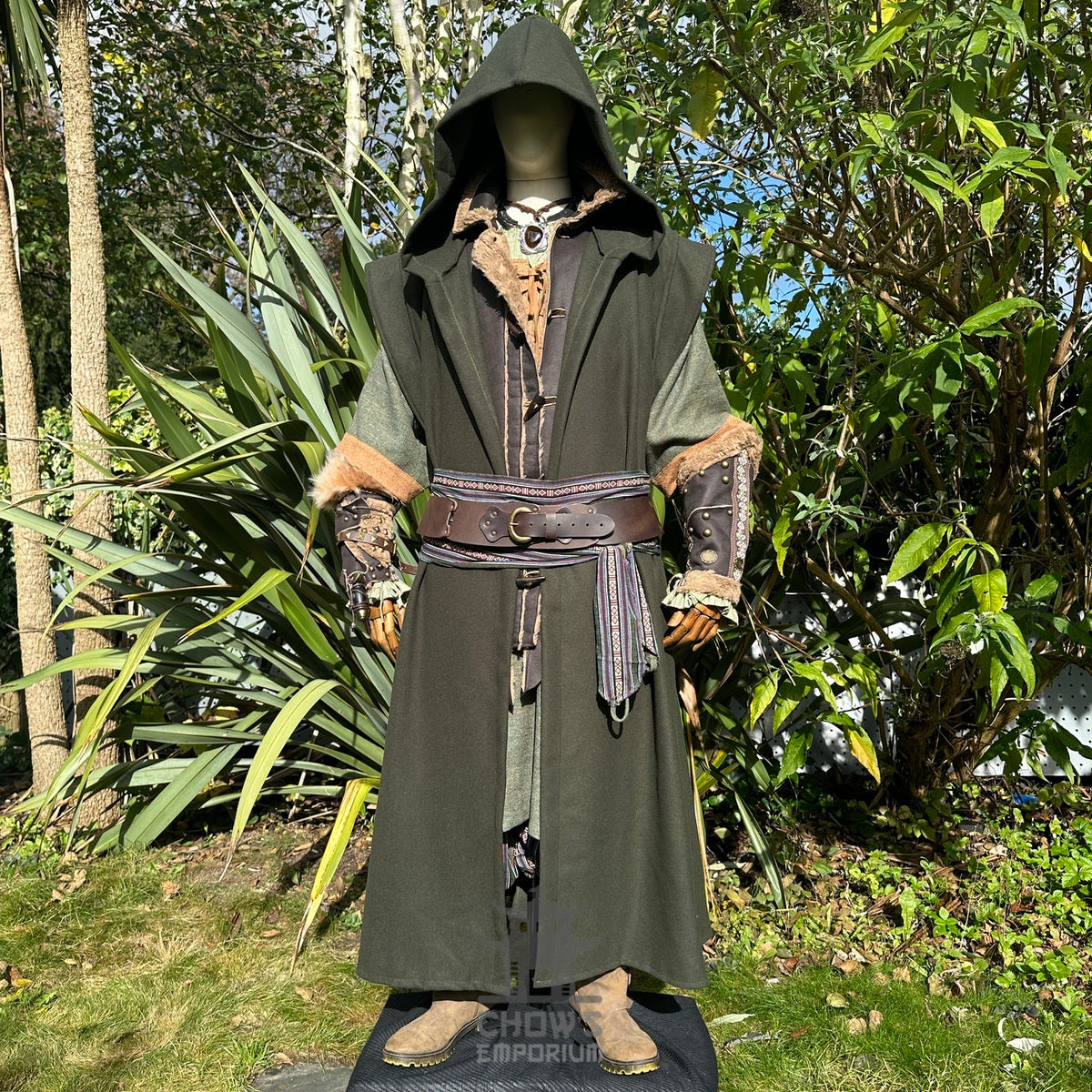 Verdant Ranger LARP set, dark green robe, belt, tunic, vambraces.