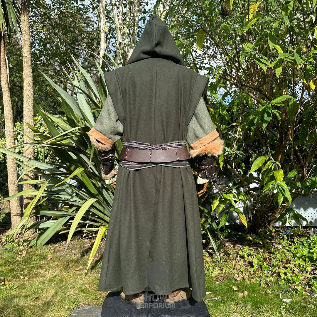 Medieval LARP outfit back view, featuring a green hooded robe, vambraces, belt, and sash.