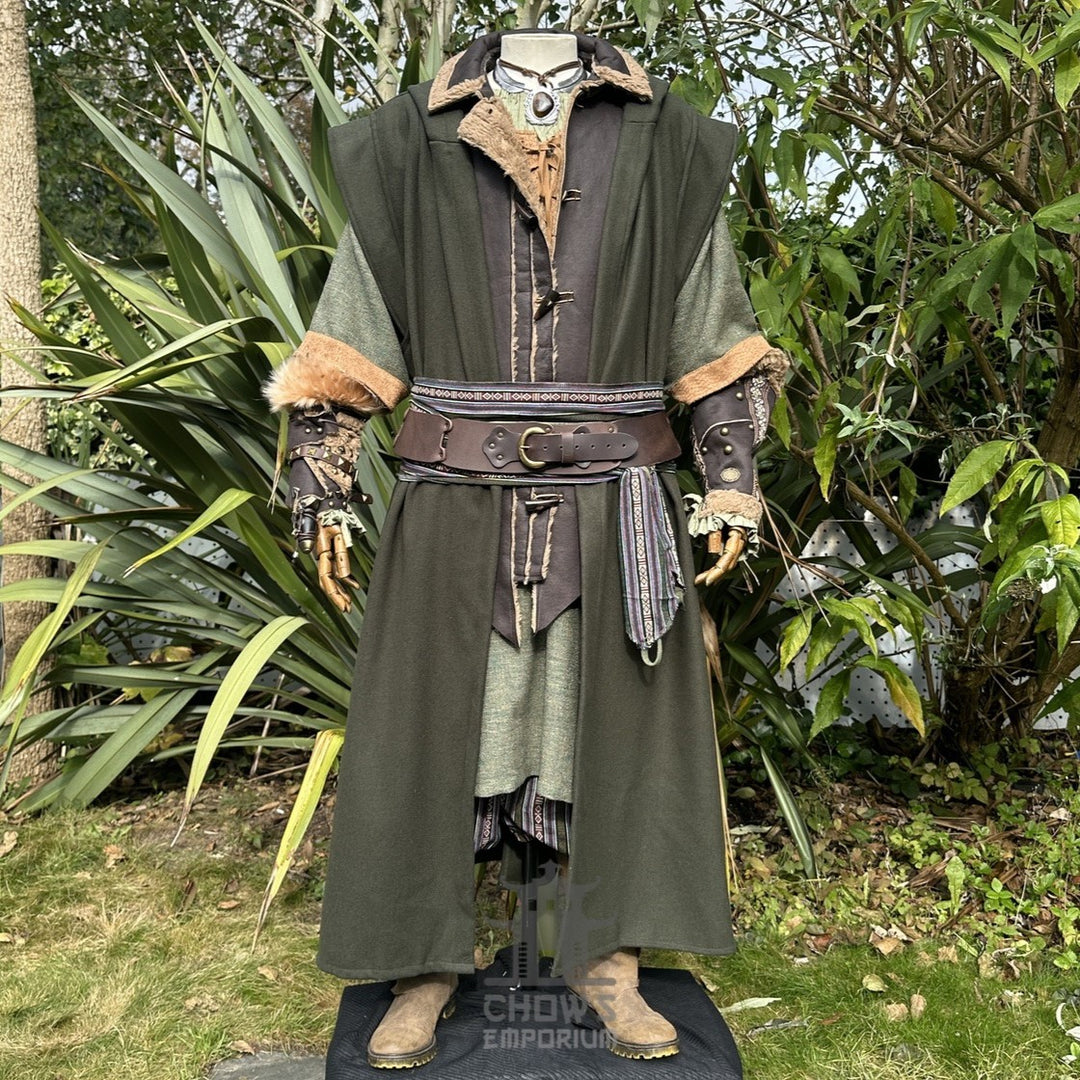 Verdant ranger LARP set with green robe, vambraces, belt, and sash.