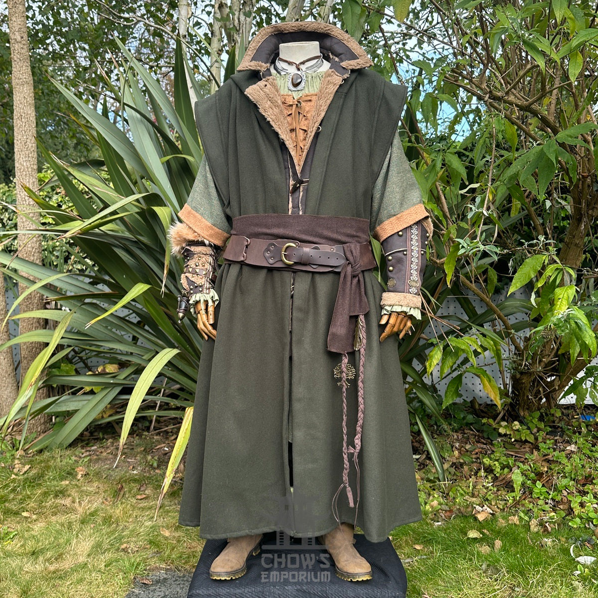 Forest ranger LARP set with green robe, leather vambraces, belt, and sash.