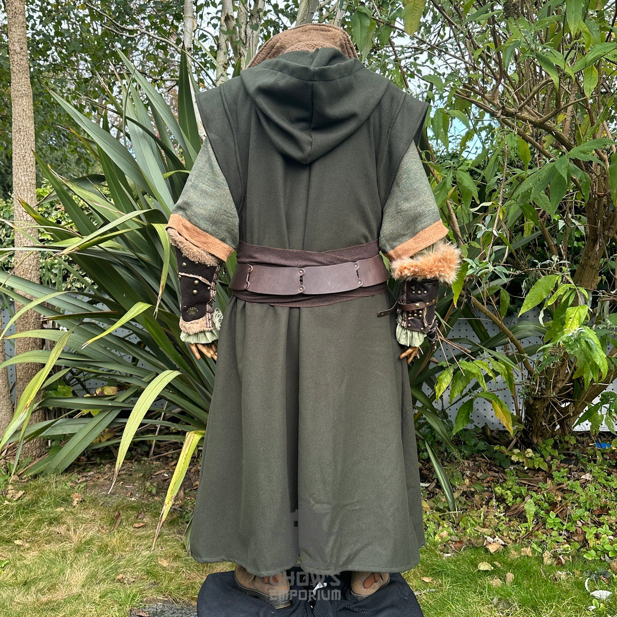 Dark green LARP robe with hood, brown belt, back view.