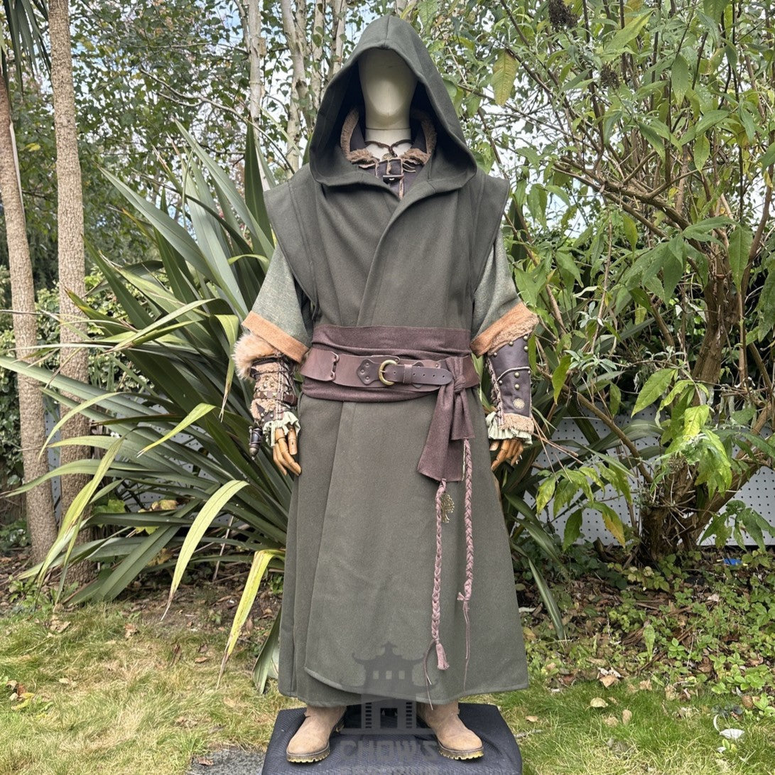 Medieval LARP outfit front view, featuring a green hooded robe, vambraces, belt, and sash.