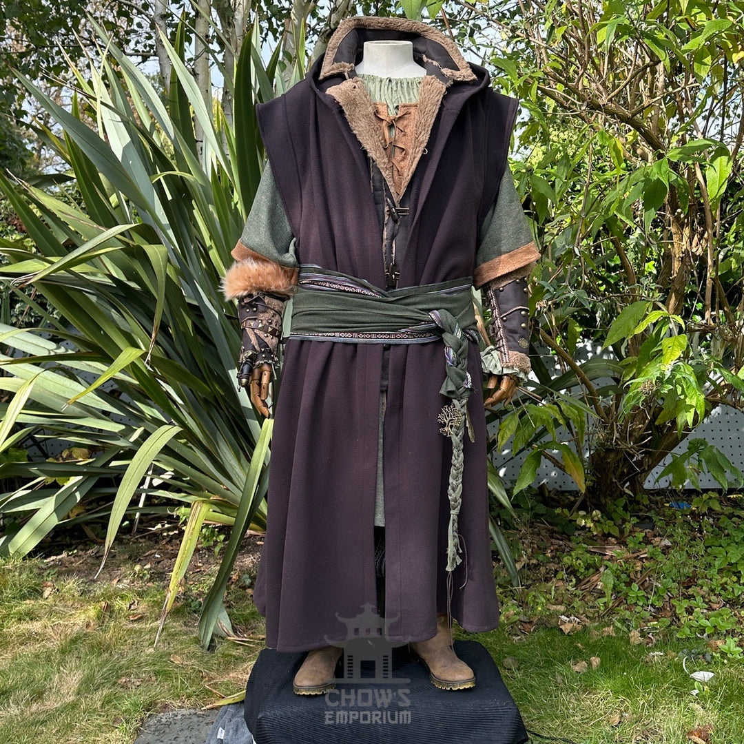 Front view of brown hooded sleeveless LARP robe, medieval fantasy cosplay costume for rangers.