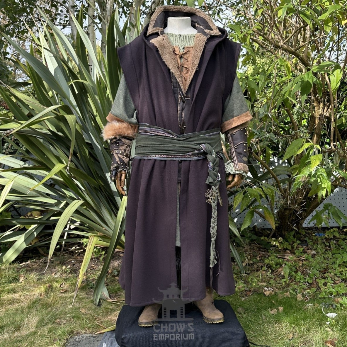 Medieval LARP outfit front view, featuring a brown hooded robe, vambraces, tunic, and sash.