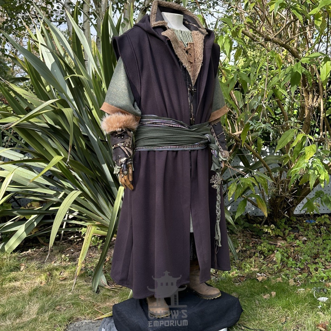 Forest Wanderer LARP set with dark robe, green tunic, vambraces, and sash.