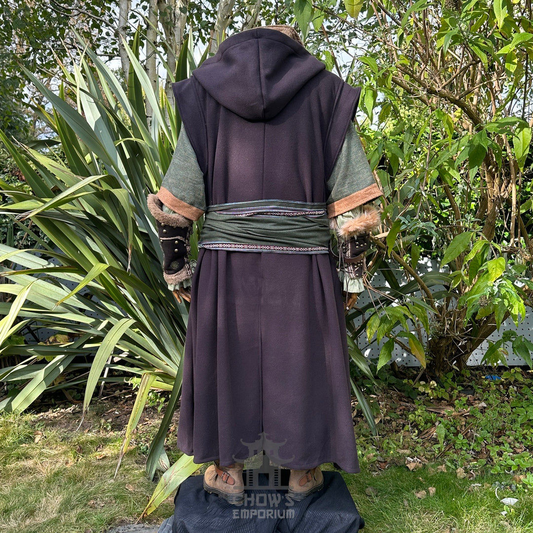 Medieval LARP outfit back view, featuring a brown hooded robe, vambraces, tunic, and sash.