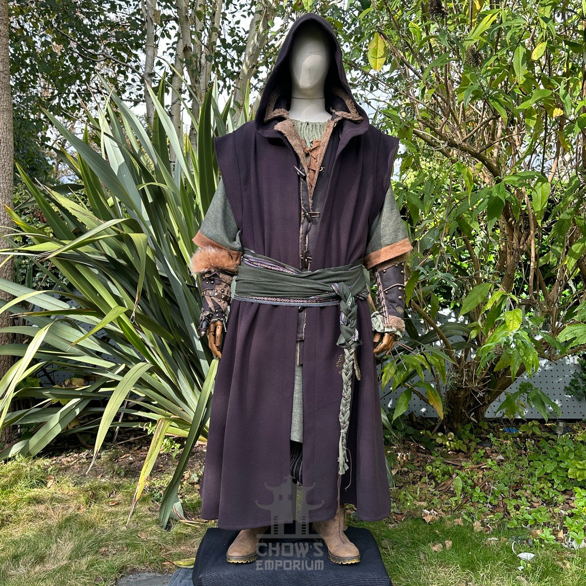 Hooded brown LARP robe with green sash, displayed.
