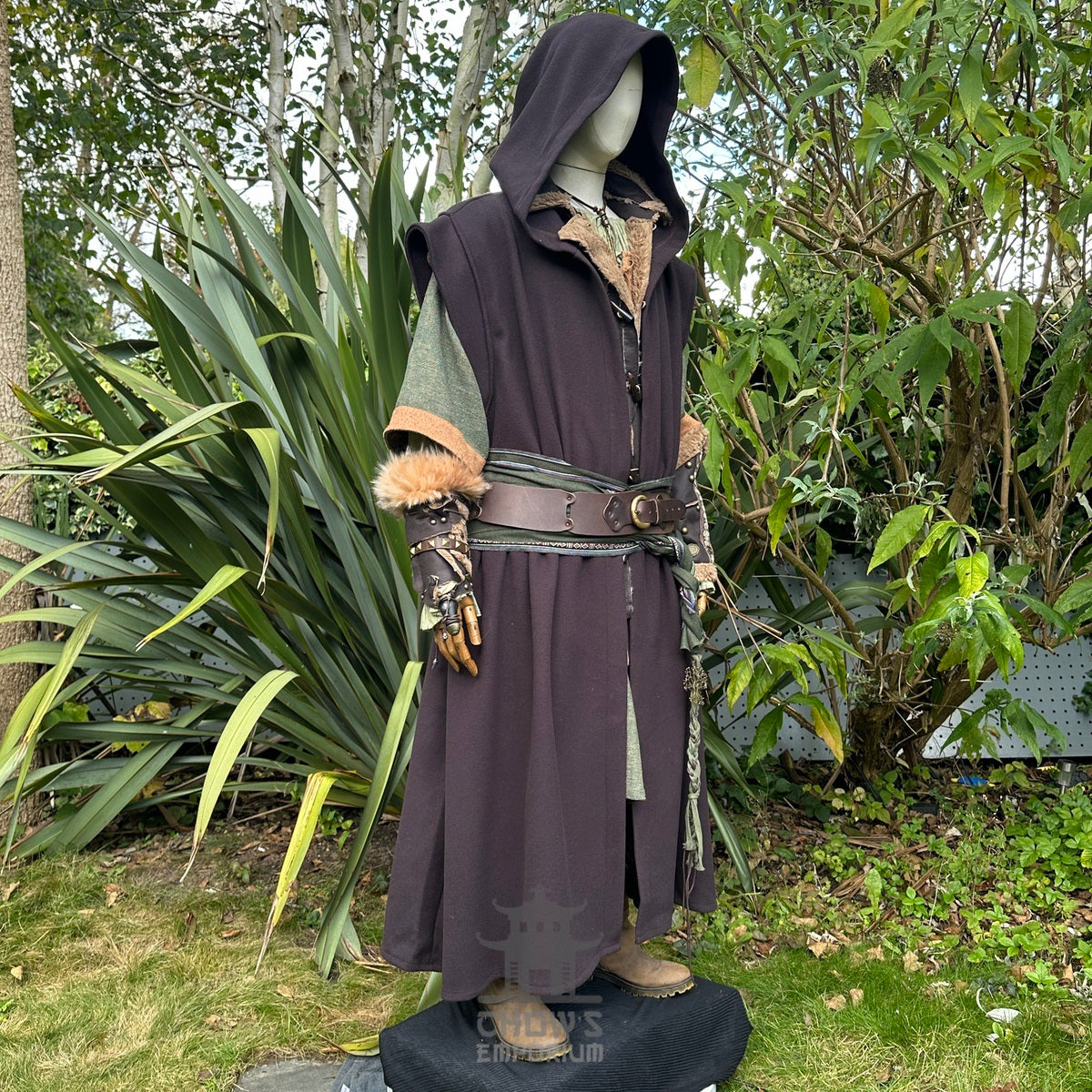 Mannequin in LARP costume with hooded robe and gloves.