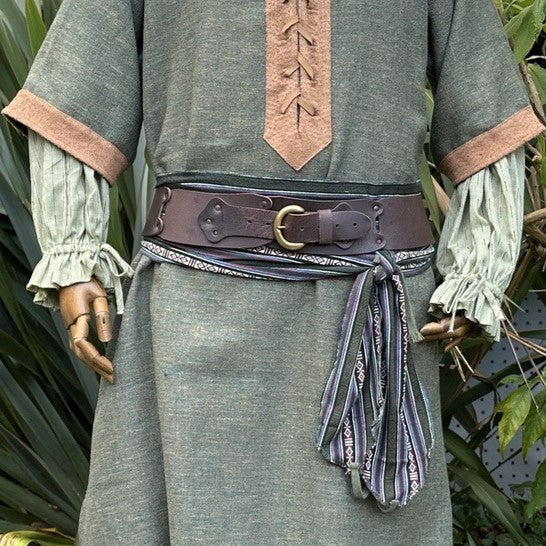LARP brown leather belt and green striped sash on a medieval-style tunic.