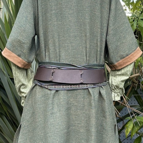 LARP belt and sash set, brown leather, green stripe pattern, rear view.