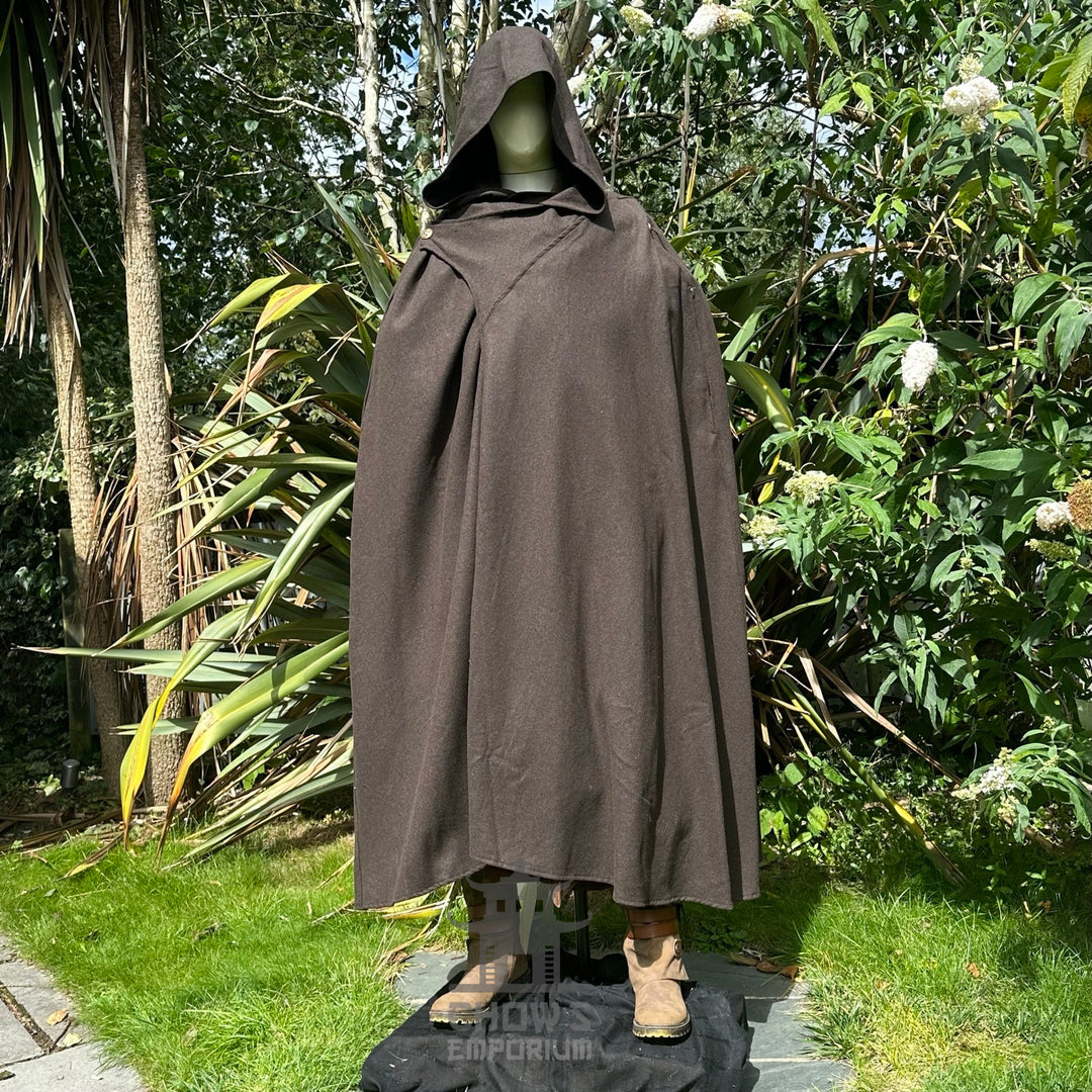 Full-length view of brown hooded LARP cloak, authentic medieval fantasy cosplay costume for.