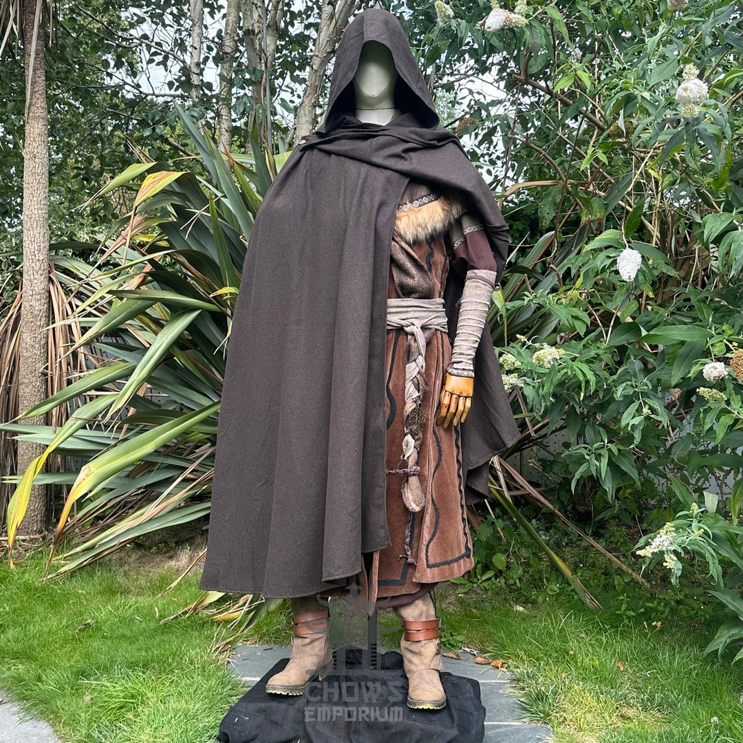 Front view of brown hooded LARP cloak, medieval fantasy cosplay costume for rangers or wizards.