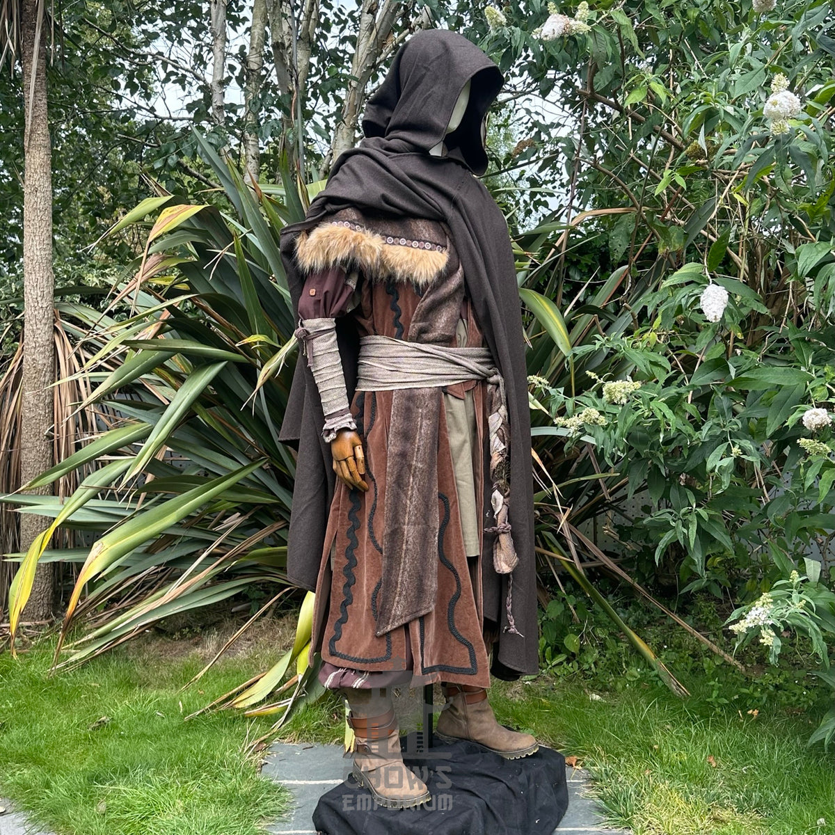 Side view of brown LARP cloak with hood , authentic medieval fantasy cosplay costume for.