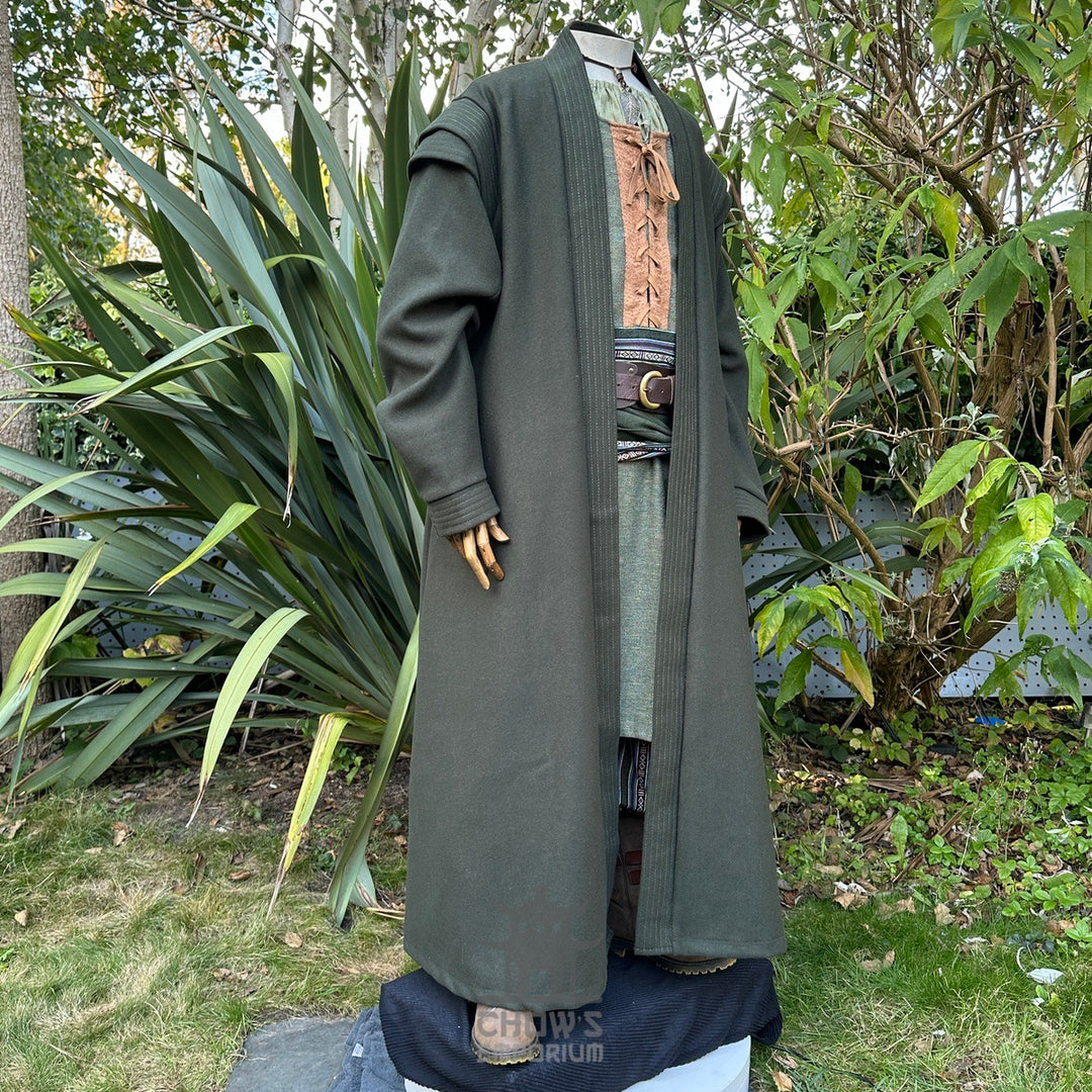 Forest Weaver LARP outfit with green robe, tunic, pants, belt, and sash.