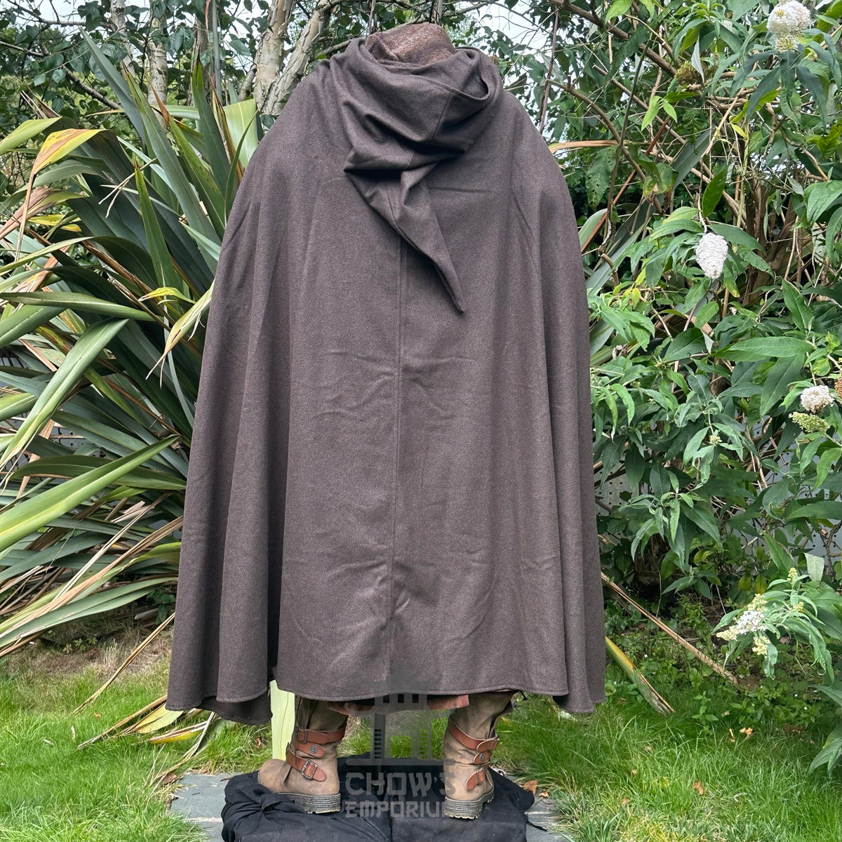 Back view of brown hooded LARP cloak with.