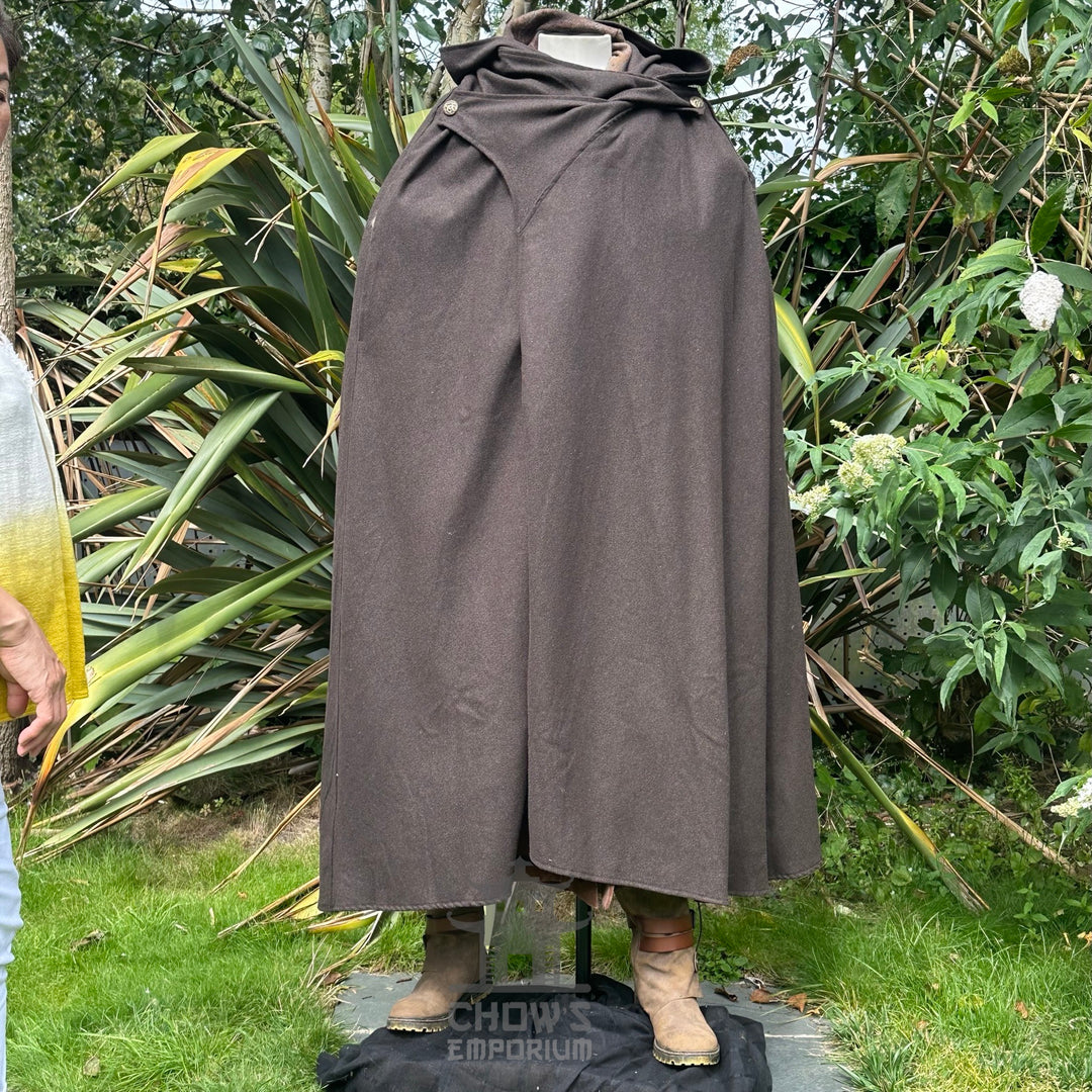 Front view of closed brown hooded LARP cloak, medieval fantasy cosplay costume for rangers.