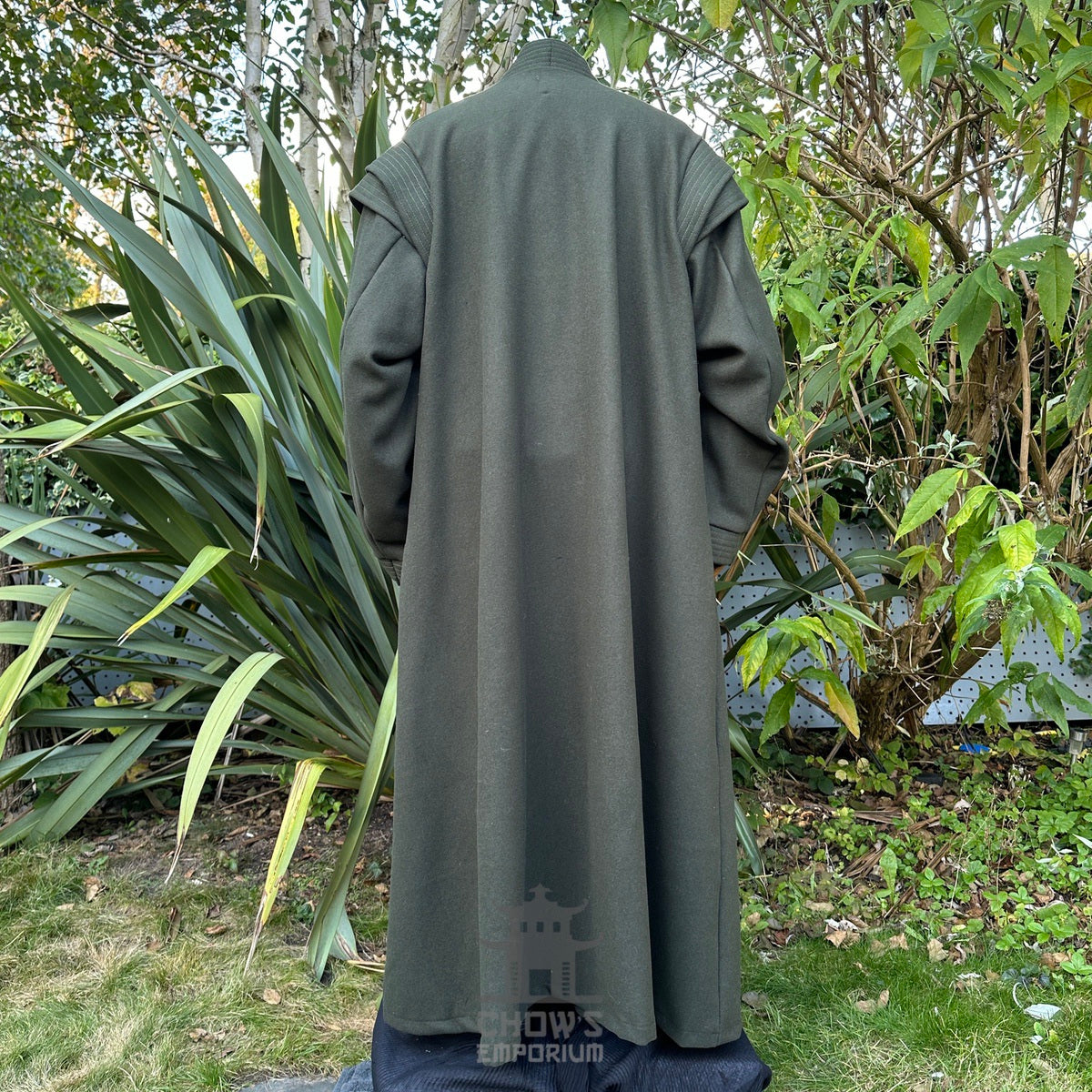 Dark green medieval LARP robe, back view on mannequin.