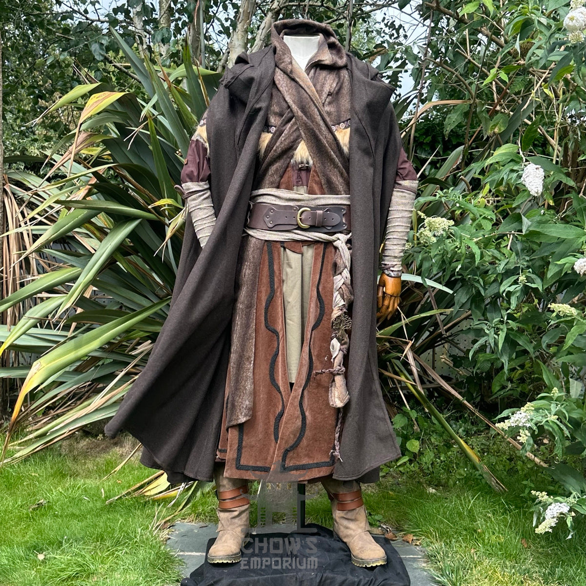 Front view of brown hooded LARP cloak, medieval fantasy cosplay costume for rangers, rogues, or.