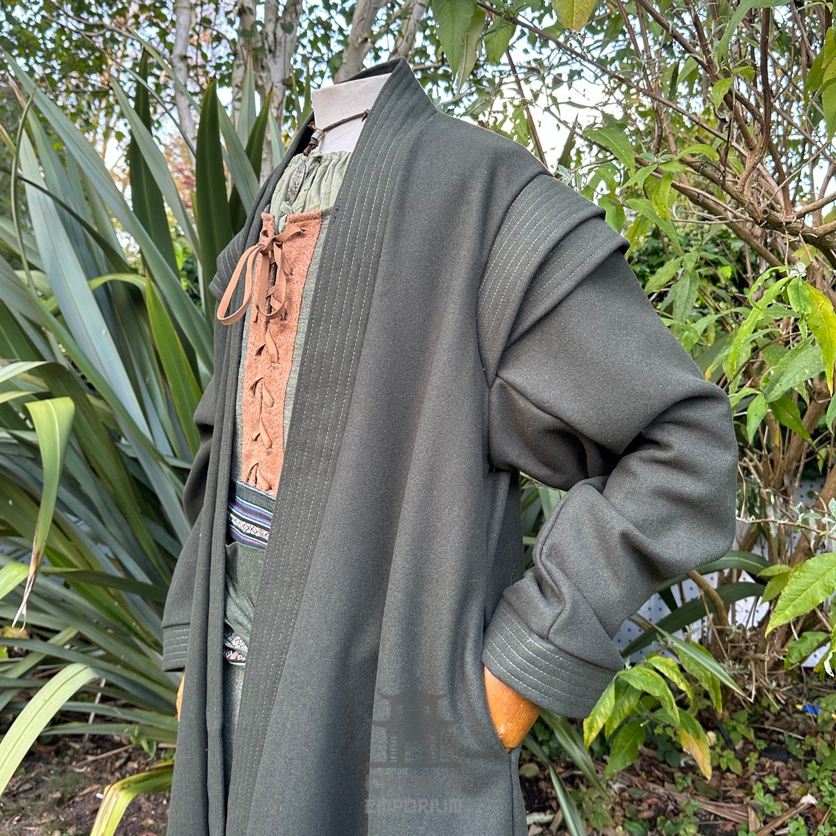 Dark green robe and brown tunic with lacing, medieval LARP costume.