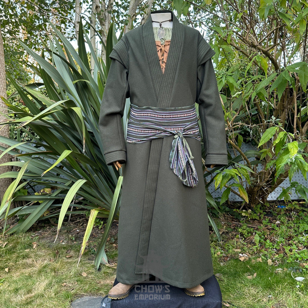 Closed front view of green LARP robe, authentic medieval fantasy cosplay costume with belt and.