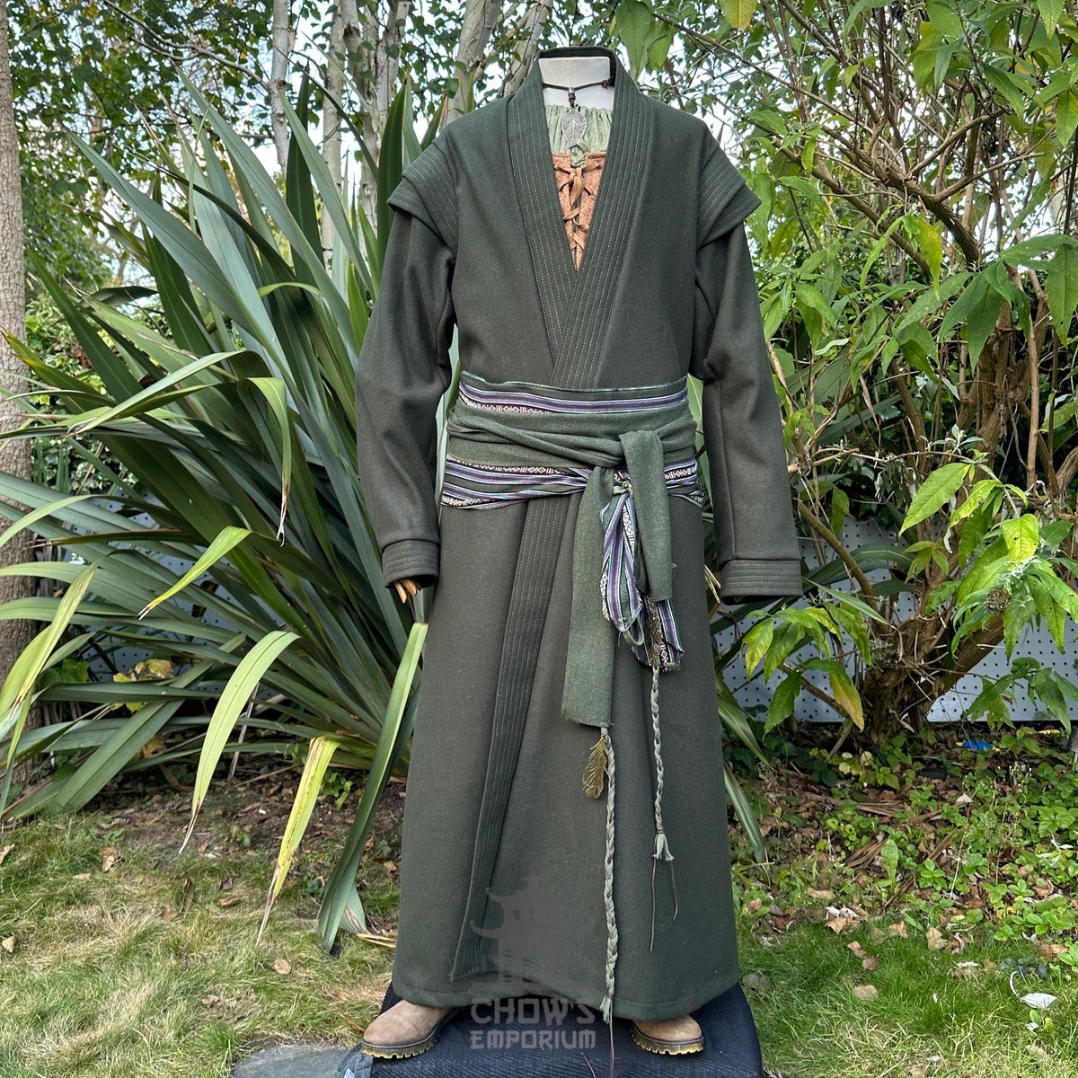 Dark green LARP medieval robe with belt and sash, front view.