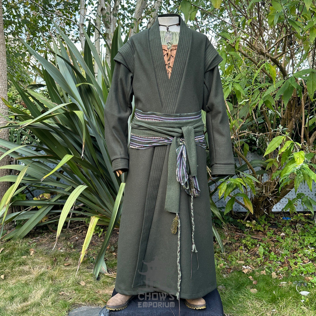 Dark green LARP medieval robe with belt and sash, front view.