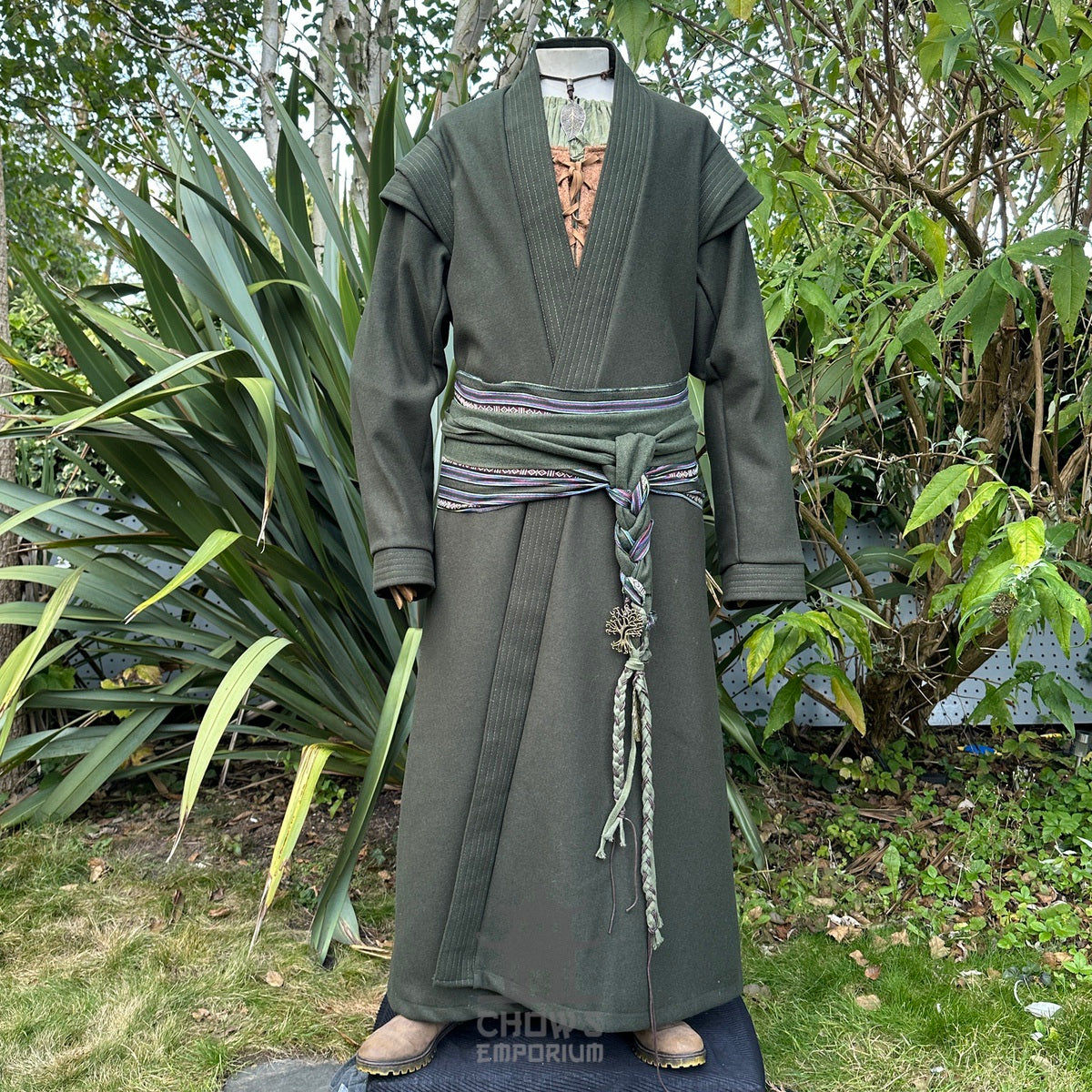 Forest Wizard LARP outfit with green robe, tunic, and patterned sash.