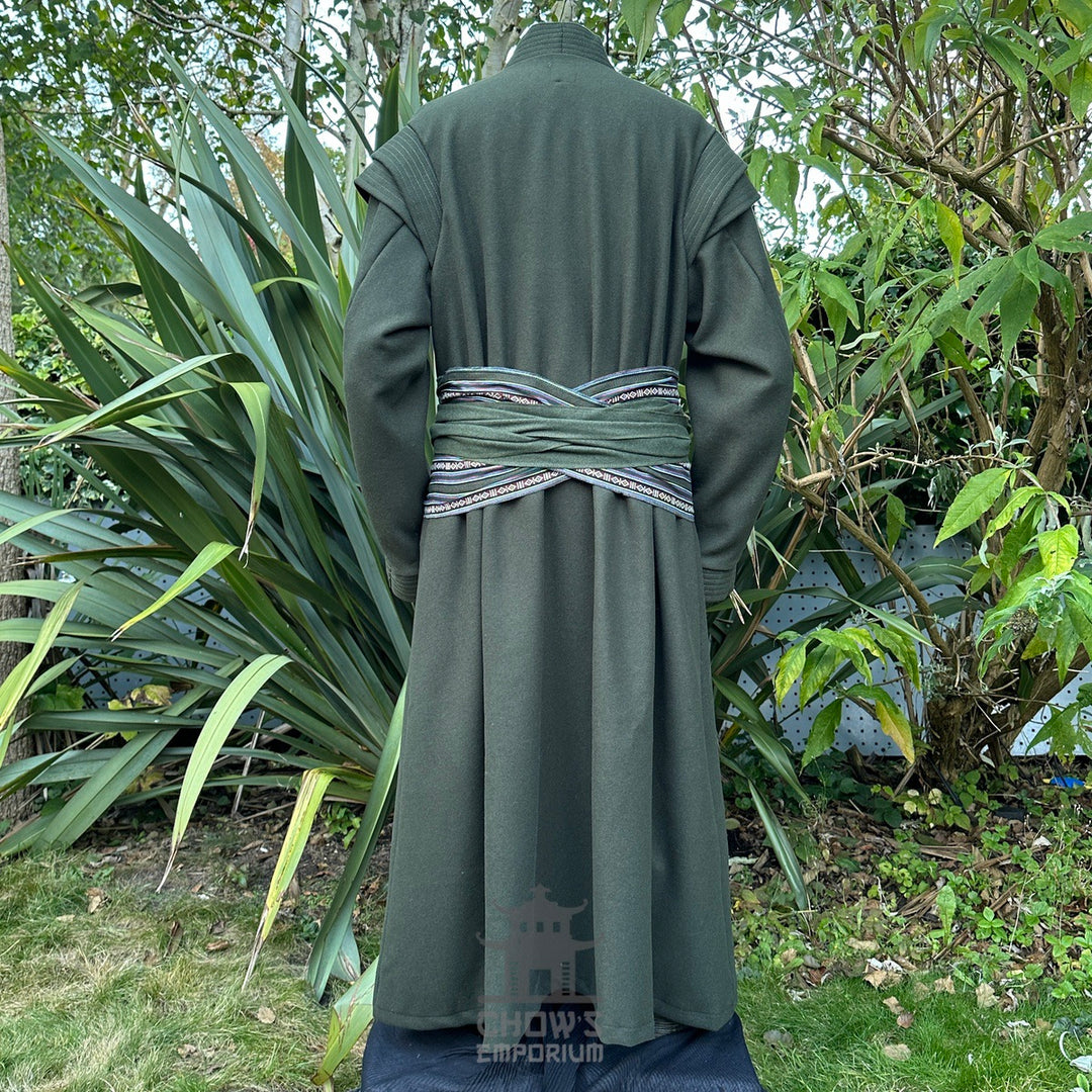 Forest green LARP wizard robe from the back with sash detail.
