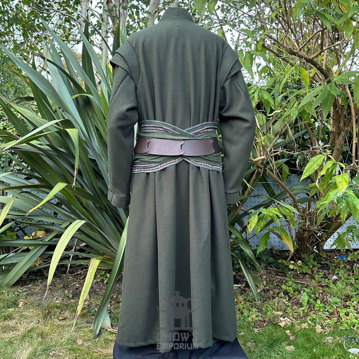 Dark green medieval LARP robe with belt and sash from back view.