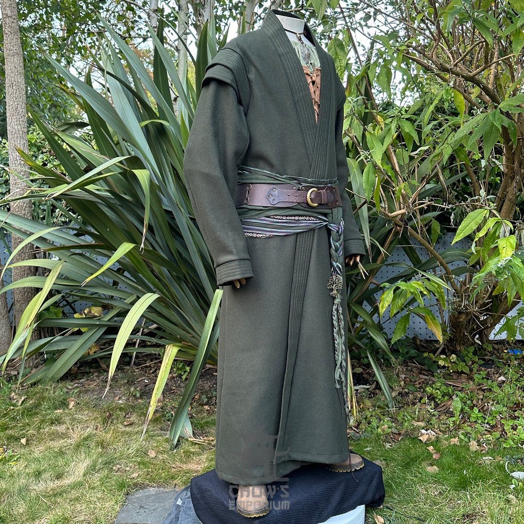 Dark green medieval LARP robe and belt on mannequin.