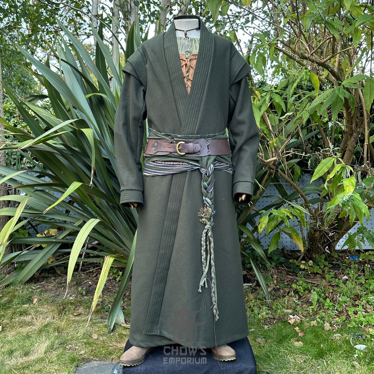 Forest Weaver Outfit: green robe, tunic, pants, belt, and sash for LARP.