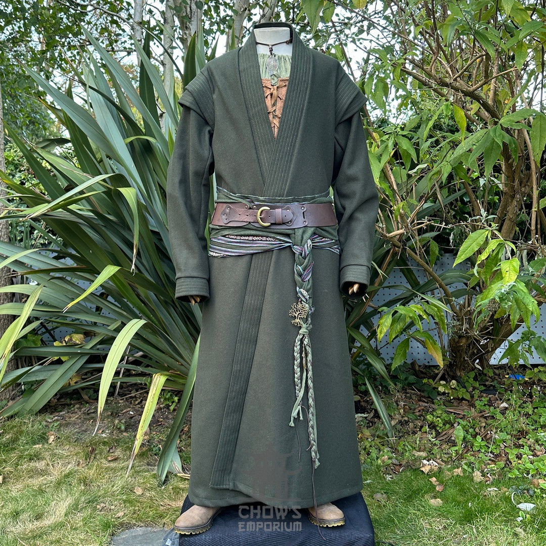 Forest Weaver Outfit: green robe, tunic, pants, belt, and sash for LARP.