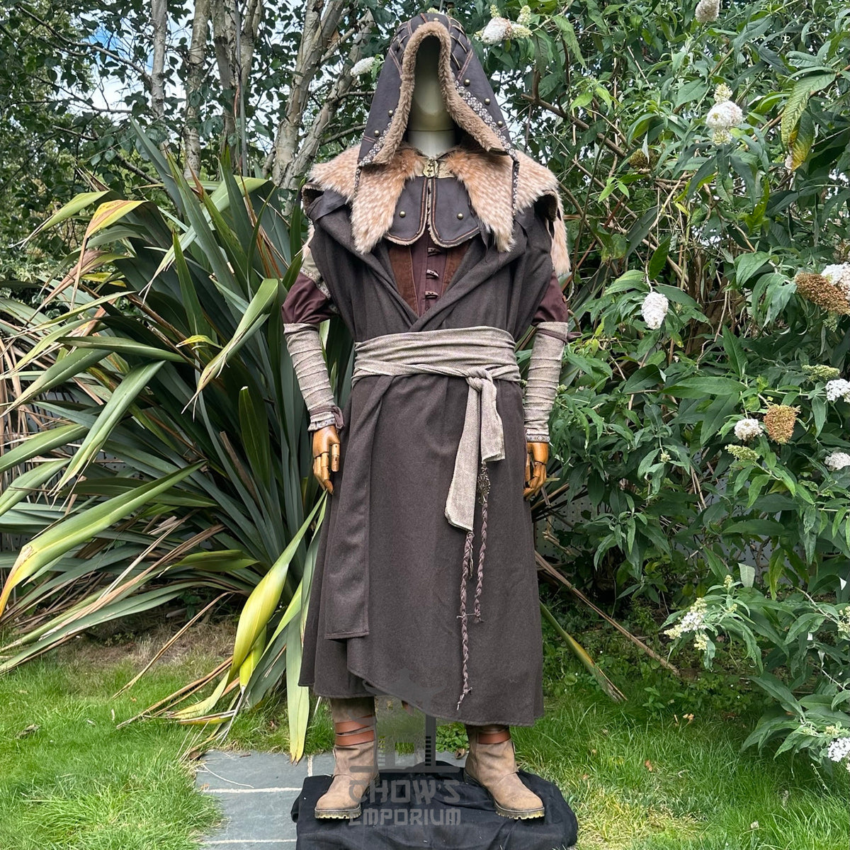Full-length view of brown hooded LARP cloak, closed. authentic medieval fantasy cosplay costume.