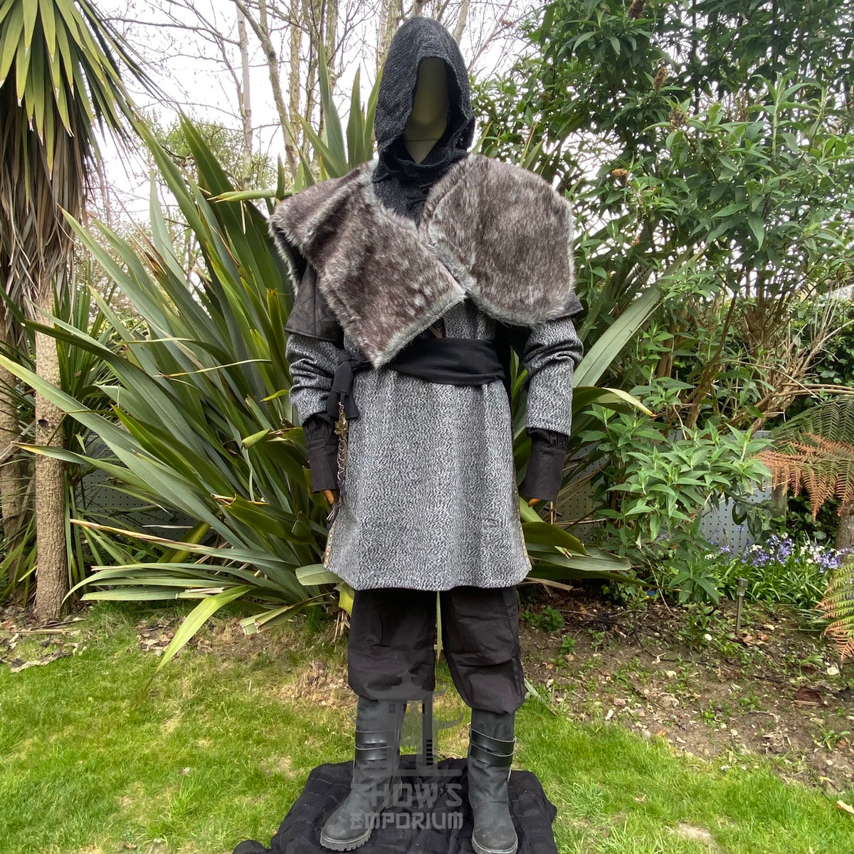 Grey LARP hood and mantle set with faux fur collar detail.