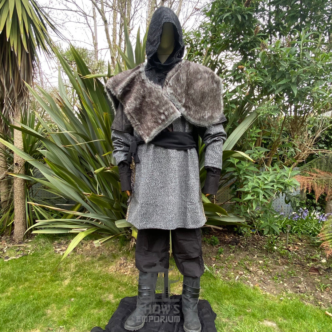 Grey LARP hood and mantle set with faux fur collar detail.