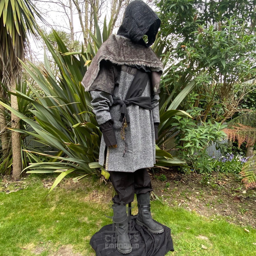 Grey LARP hood and mantle in textured fabric, side view.