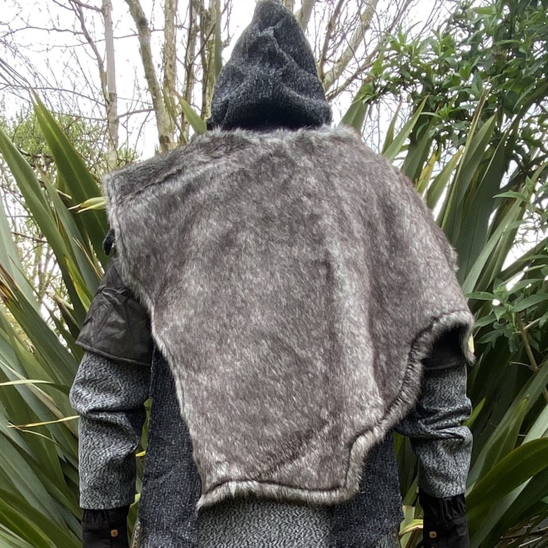 Medieval LARP outfit back view, featuring a grey wrap-around hood, and grey faux-fur mantle.