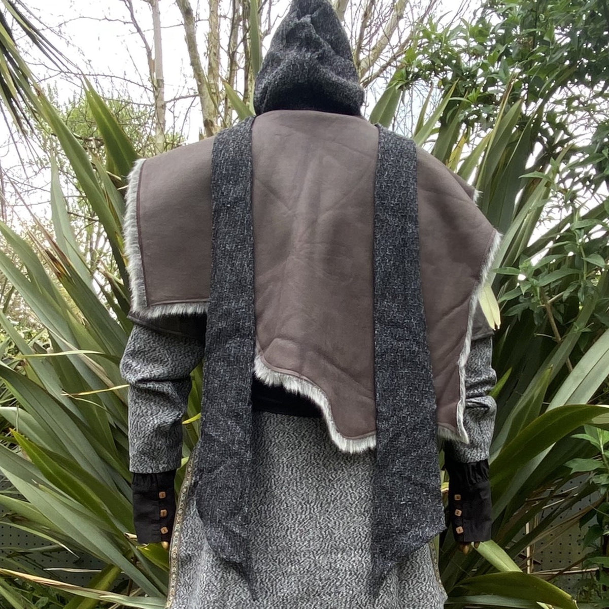 Grey LARP hood and mantle set, back view, textured and layered fabric.