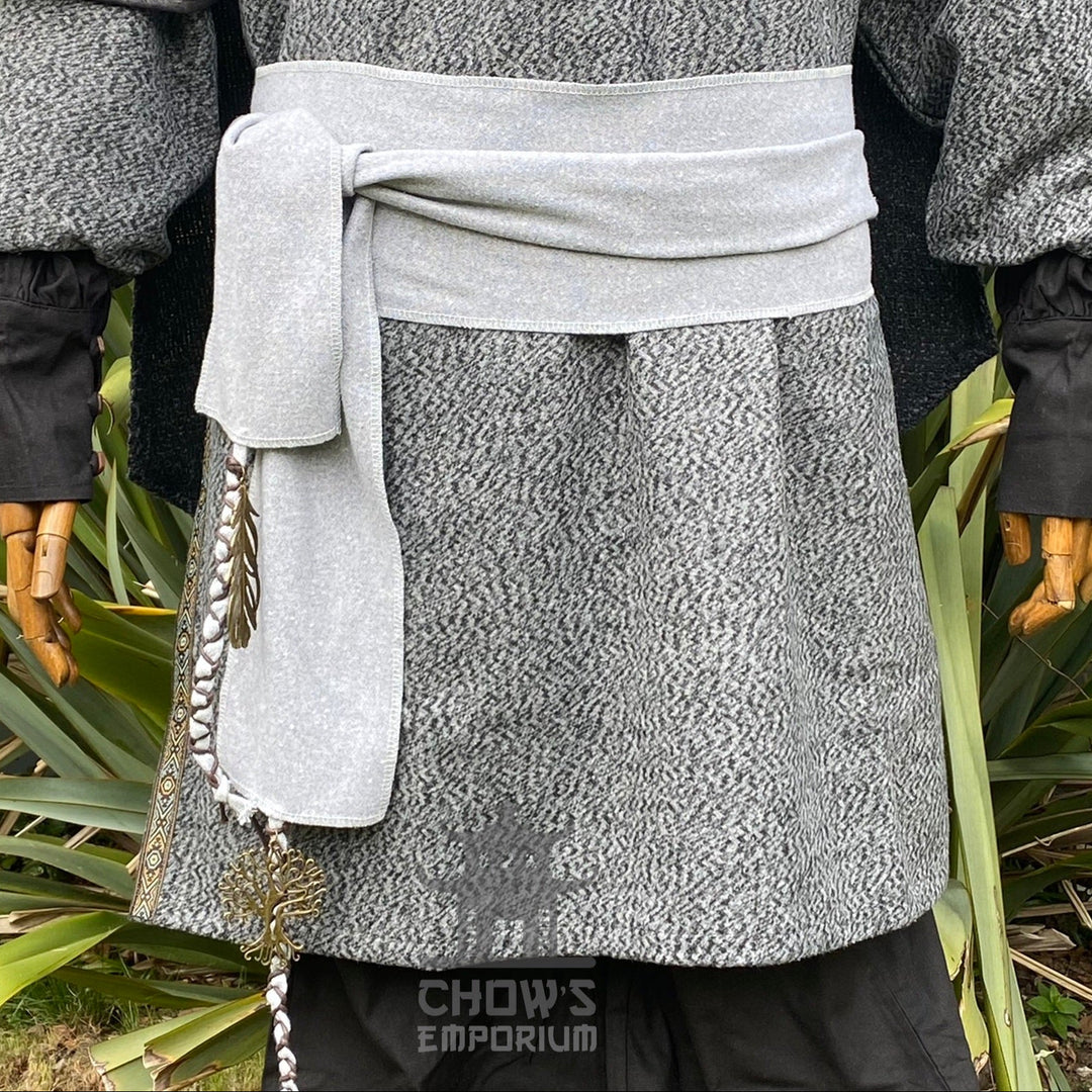 Arcane warrior LARP outfit set, grey wool tunic with sash, front view.