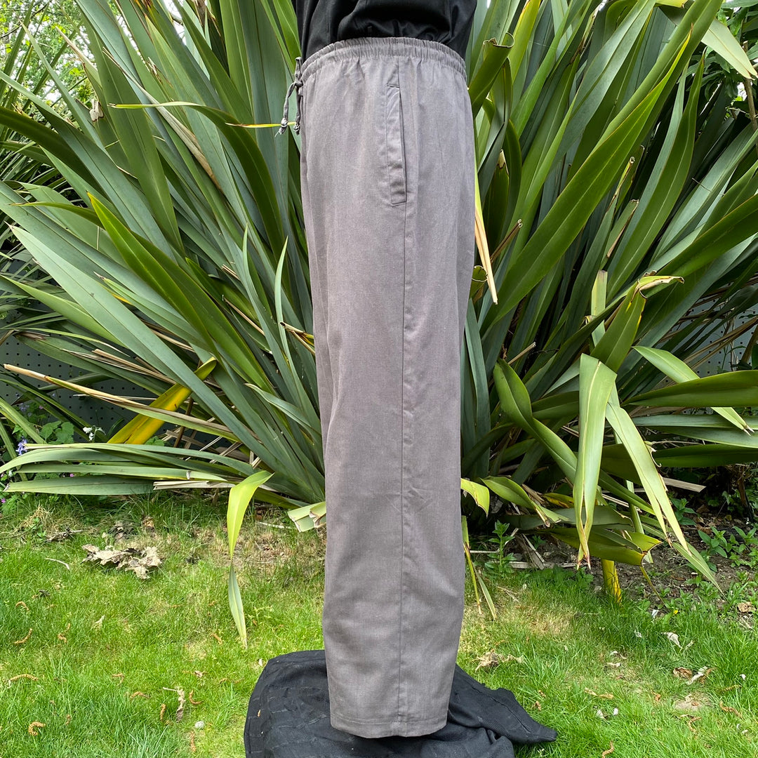 Side view of medieval LARP pants with elastic waist in.