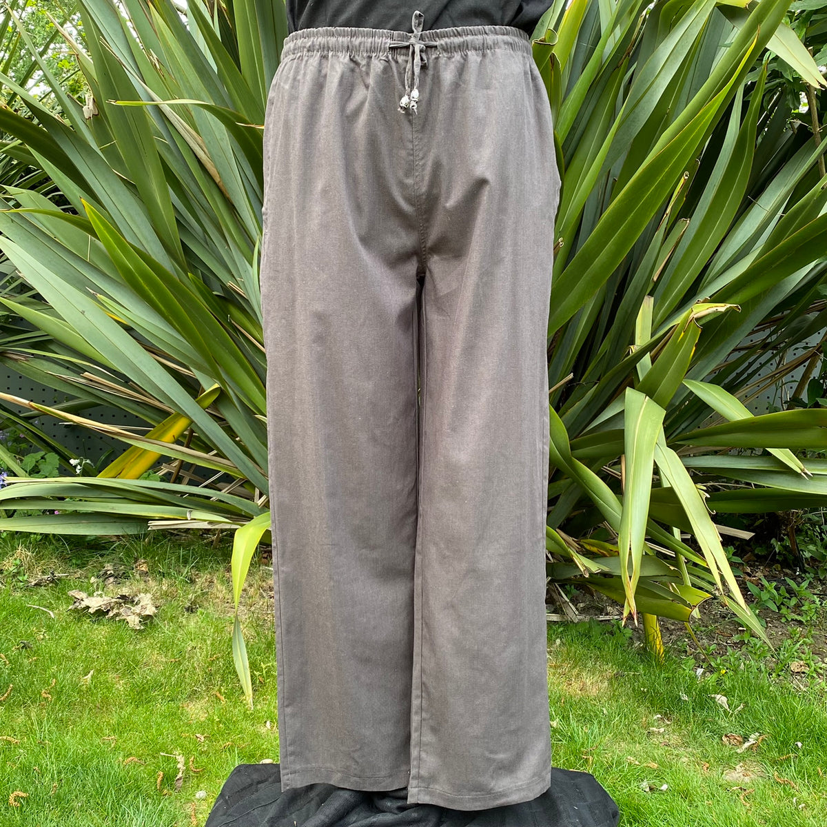 Front view of grey cotton straight-leg medieval trousers with adjustable waist for LARP wear no.