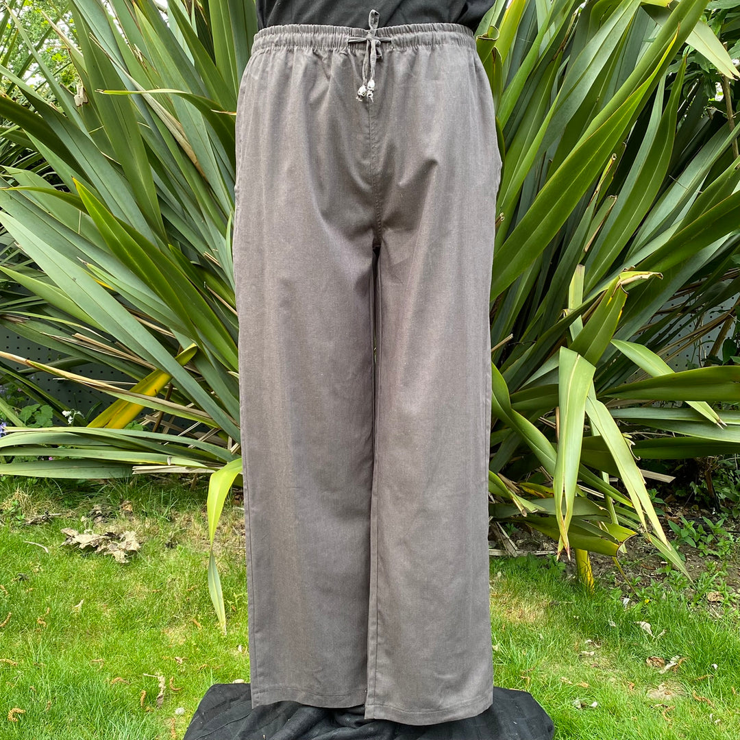 Front view of grey cotton straight-leg medieval trousers with adjustable waist for LARP wear no.