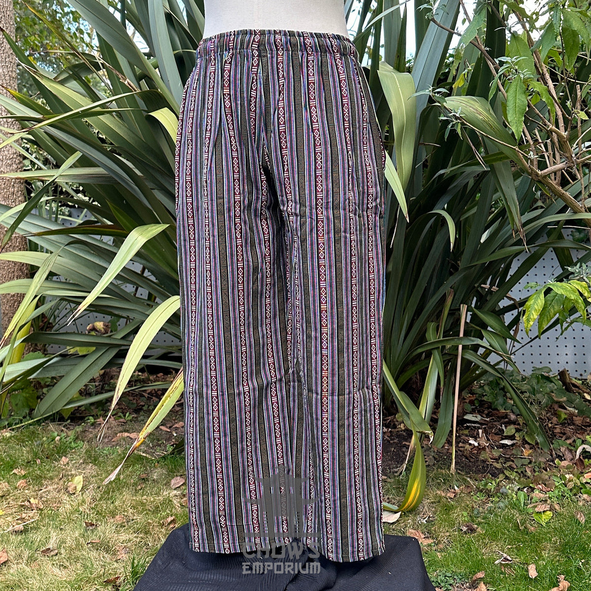 Back close-up of green striped LARP trousers highlighting durable cotton texture.