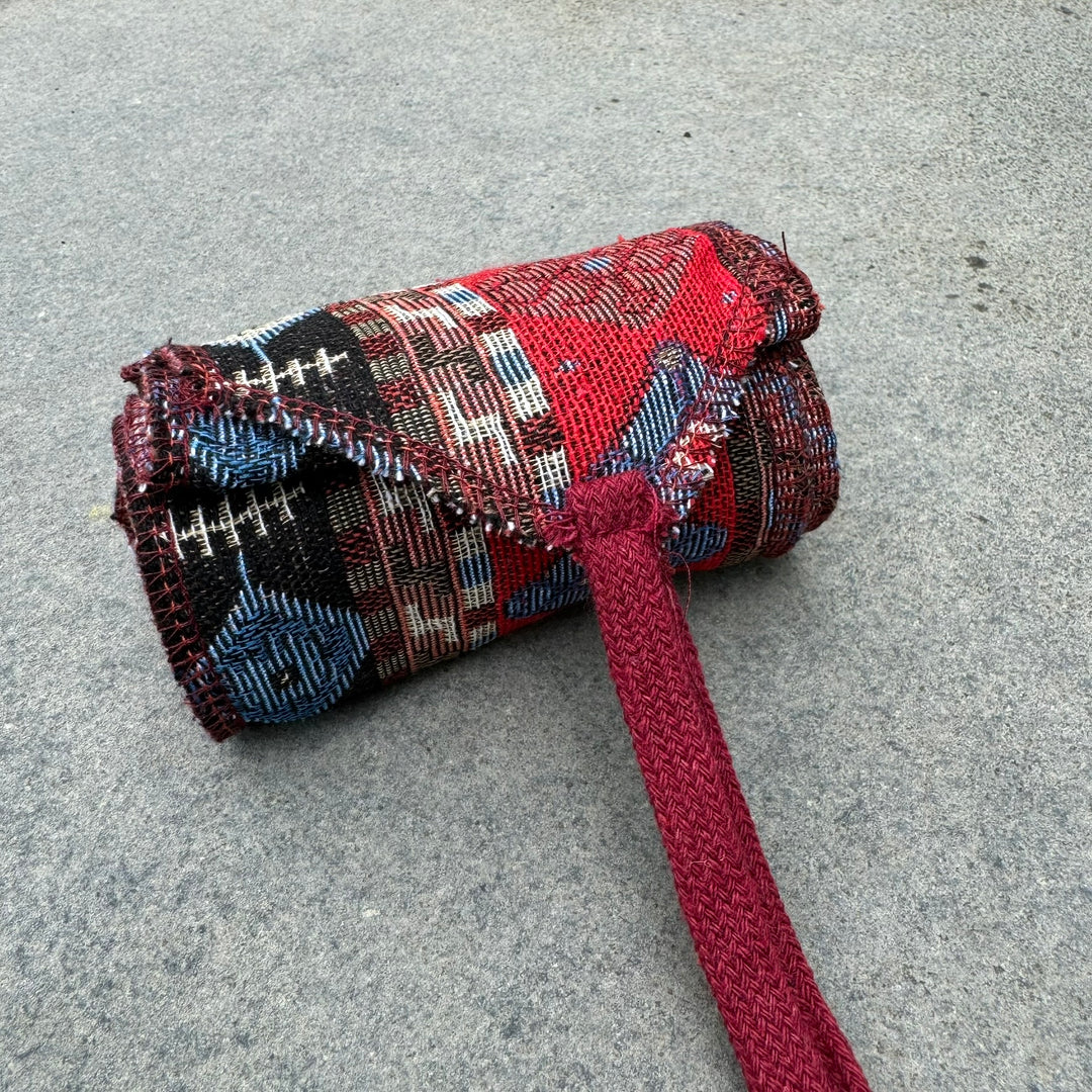 Aztec-inspired cotton leg wraps in red and blue for LARP.