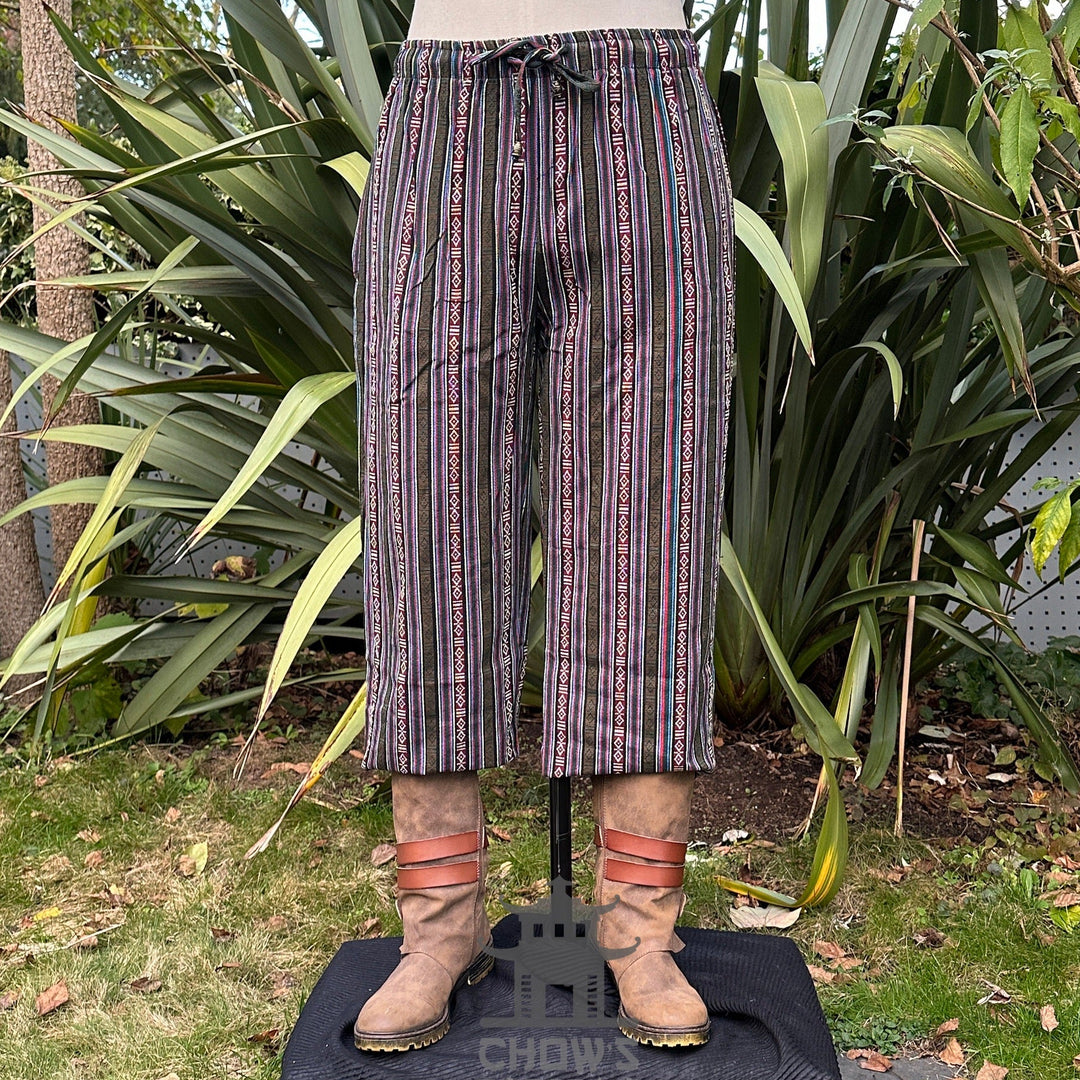 Front view of green multi-stripe medieval straight-leg cotton LARP pants.