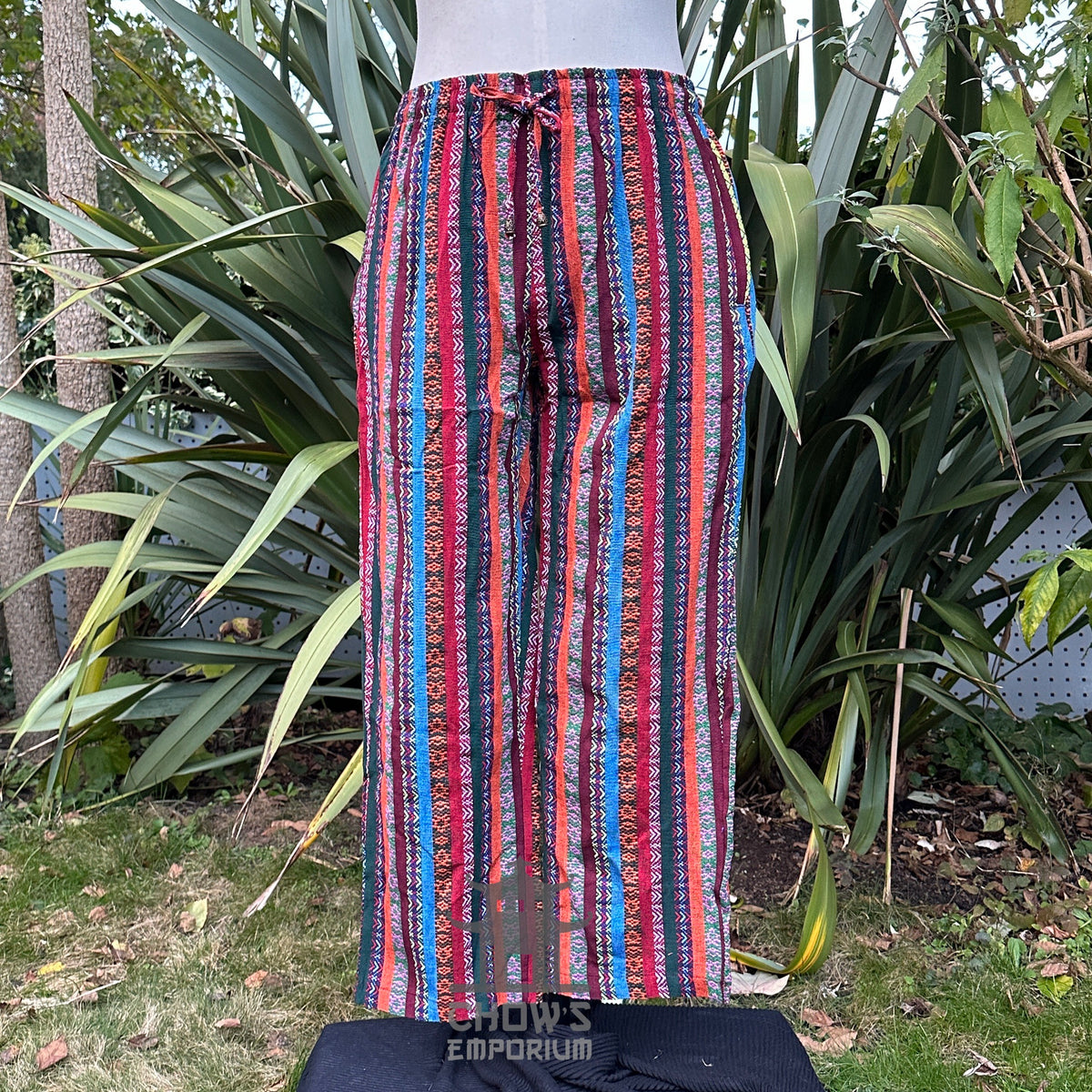 Front view of multi-color medieval straight-leg trousers in soft cotton and linen no boots.