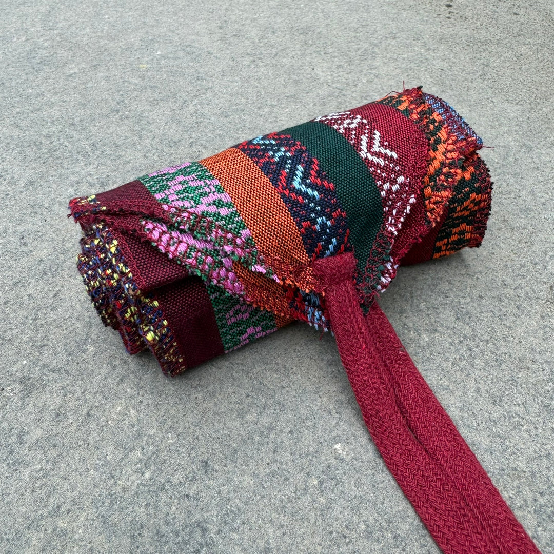 LARP medieval multi-patterned cotton leg wraps in vibrant colors, folded.
