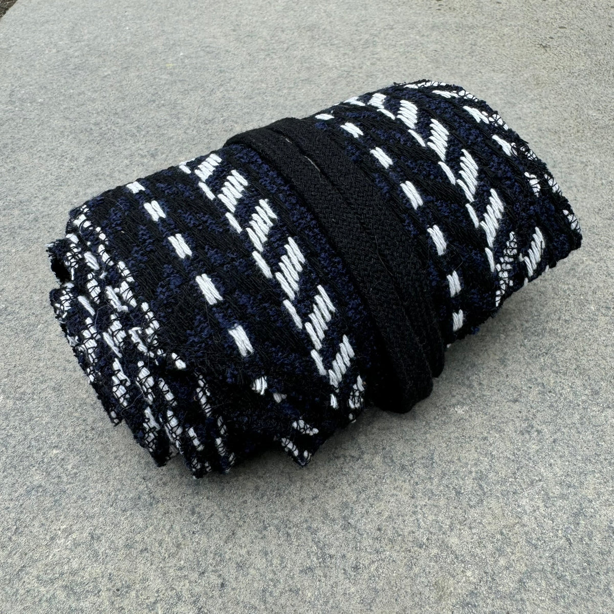 LARP decorative sash, herringbone pattern in blue, black, white wool.