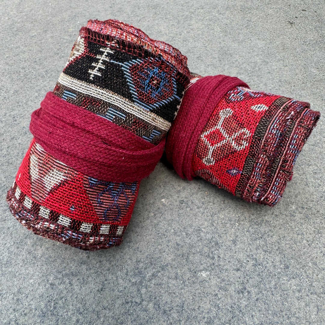 Aztec cotton leg wraps in red and black for LARP.